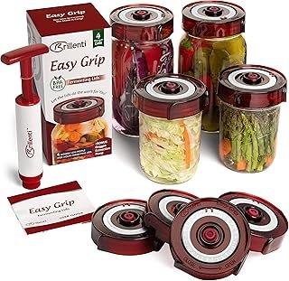 Fermentation Lids Kit by Brillenti. 4 waterless airlock Fermenting lids fit Wide Mouth Mason Jars. Easy Grip fermenter lid…