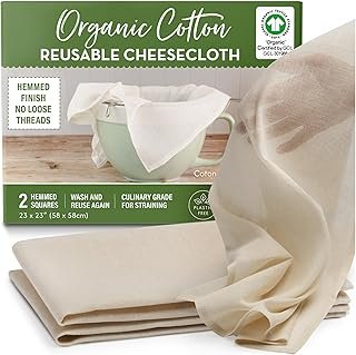 Organic Unbleached Cotton Cheesecloth for Straining – 2 Reusable Hemmed Squares, GOTS Certified, Fine Reusable Strainer – …