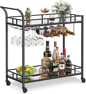 VASAGLE Bar Cart Black, Home Bar Serving Cart, Wine Cart with 2 Mirrored Shelves, Wine Holders, Glass Holders, for Kitche…