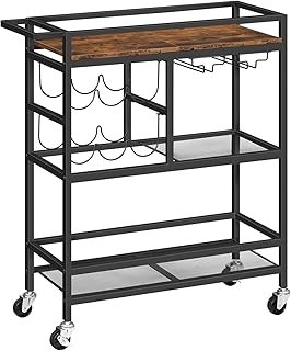 MAHANCRIS Bar Cart for Home, 3-Tier Serving Cart with Wheels and Handle, Beverage Cart with Wine Rack and Glass Holders, R…