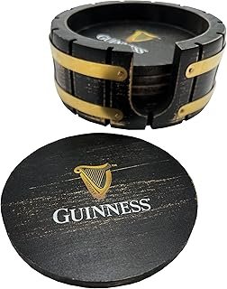 Guinness Beer Coaster Set with Holder – 6 Pack, Beer Barrel Wood, Perfect for Home Bars and Parties Compatible