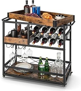Giantex Home Bar Serving Cart, 3-Tier Rolling Bar Cart with Removable Tray, Wine Rack & Glass Holder, Liquor Wine Cart wit…