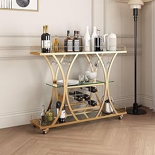 Maxkon Bar Cart 3 Tiers Home Bar Serving Cart Drinks Wine Kitchen Serving Trolley with 3 Mirror Glass Shelves & Wine Rack …