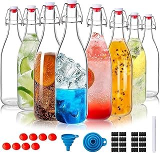 Swing Top Glass Bottles, 8 Pack 16oz Flip Top Brewing Bottles with Airtight Stopper Lids for Fermentation, Home Brewing, B…