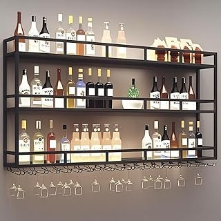 OMKUOSYA Wall-Mounted Wine Rack, 3-Tier Wall Bar Shelves for Liquor Bottles & Goblet Glasses, Industrial Black Hanging Bar…