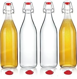 STR 32 oz Clear Glass Bottles with Airtight Silicone Stopper – Set of 4 Reusable Bottles for Kombucha, Beer, Kefir, Fermen…