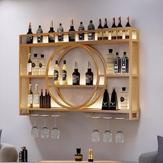 HOOMFIT Wall Mounted Metal Wine Rack,Wine Bottle Shelf, 3-Tier Metal Bar Shelf with Glass Holder & Rust-Proof Coating,Mult…